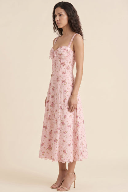 Women's Corset Sweetheart Neck A-Line Midi Dress - Rose Pink Floral