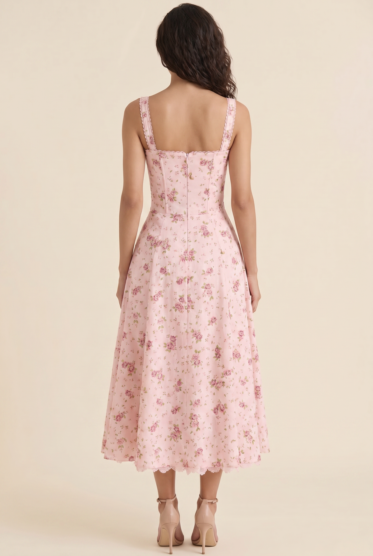 Women's Corset Sweetheart Neck A-Line Midi Dress - Rose Pink Floral