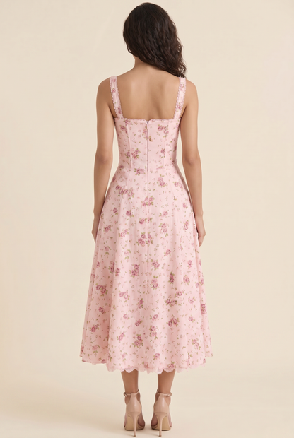 Women's Corset Sweetheart Neck A-Line Midi Dress - Rose Pink Floral