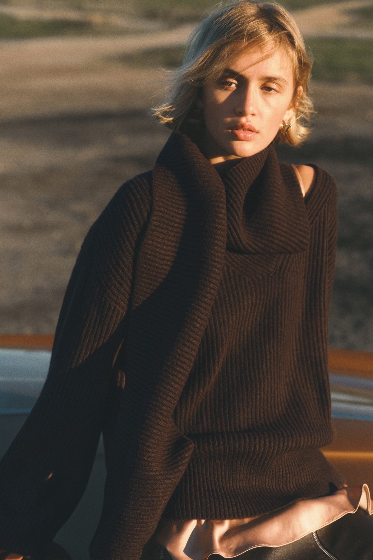 Women's Cowl Neck Oversized Knit Sweater - Chocolate Brown