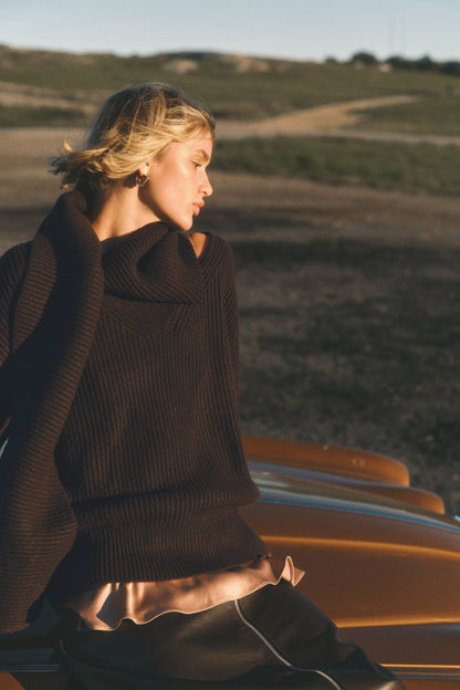 Women's Cowl Neck Oversized Knit Sweater - Chocolate Brown