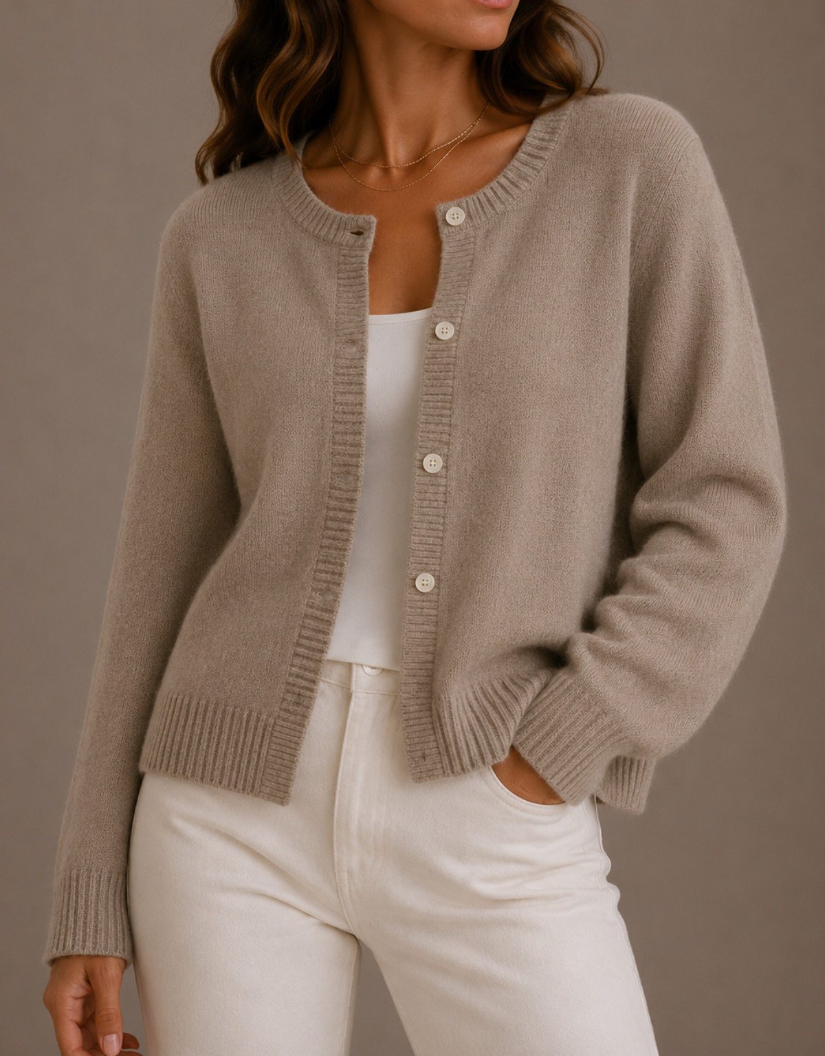 Women's Crew Neck Button Cardigan - Beige
