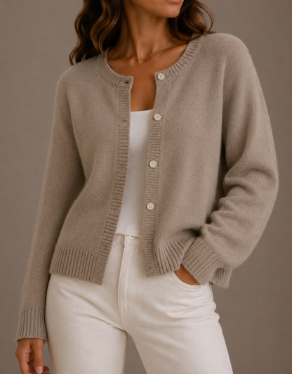 Women's Crew Neck Button Cardigan - Beige