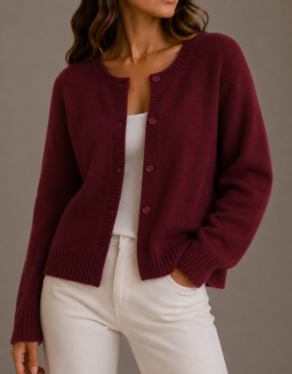 Women's Crew Neck Button Cardigan - Burgundy