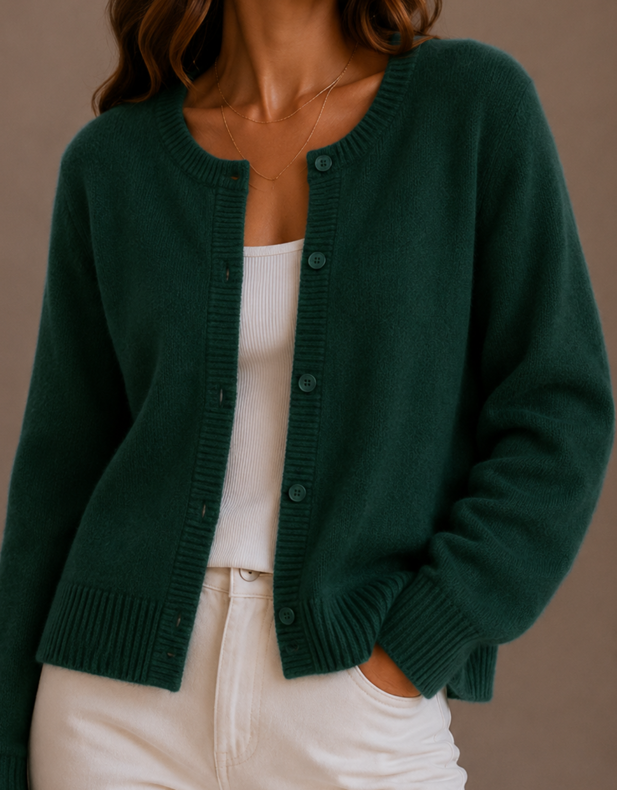 Women's Crew Neck Button Cardigan - Forest Green