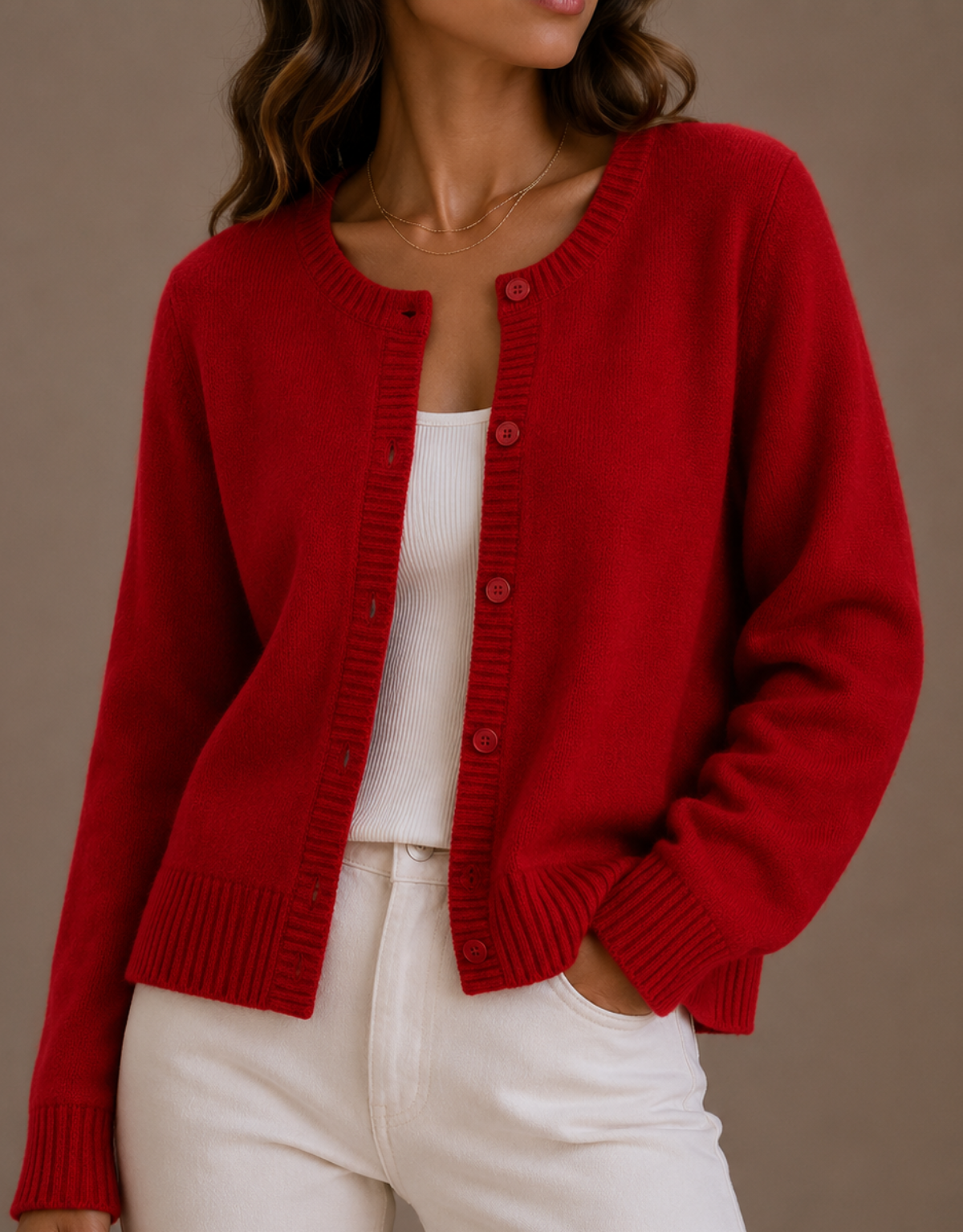 Women's Crew Neck Button Cardigan - Red