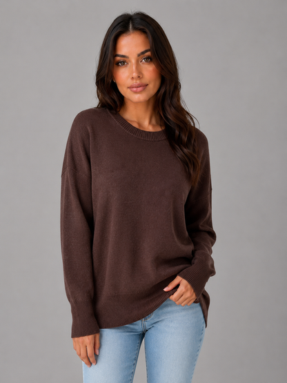 Women's Crew Neck Oversized Knit Sweater - Chocolate Brown