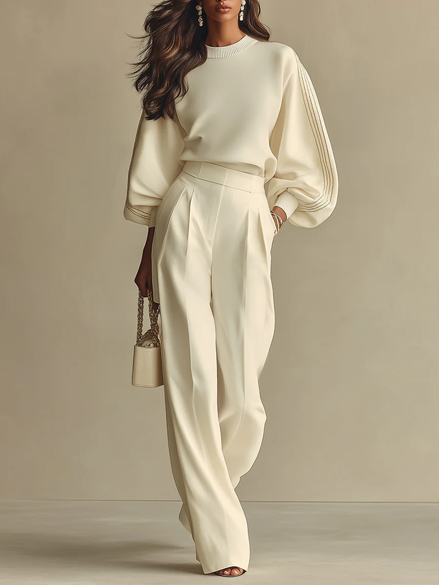 Women's Crew Neck Wide-Leg Knit Set - Beige