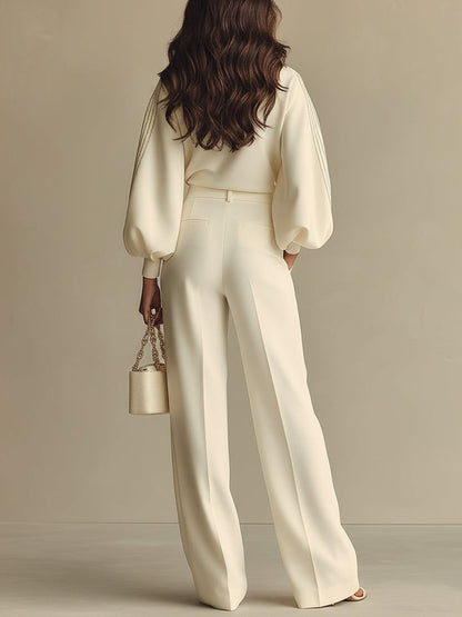 Women's Crew Neck Wide-Leg Knit Set - Beige