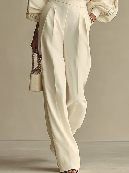 Women's Crew Neck Wide-Leg Knit Set - Beige