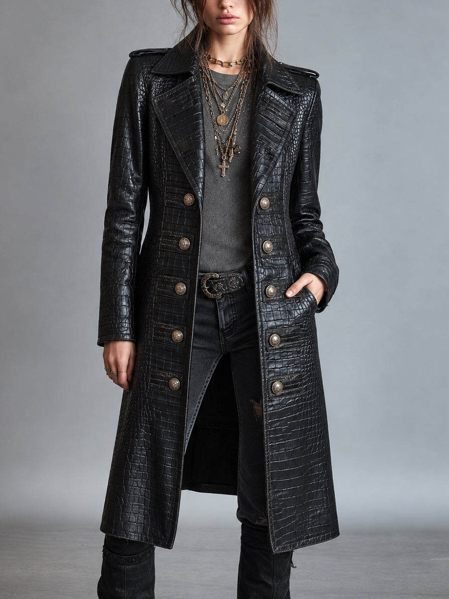 Women's Croc-Embossed Longline Black Coat - Black
