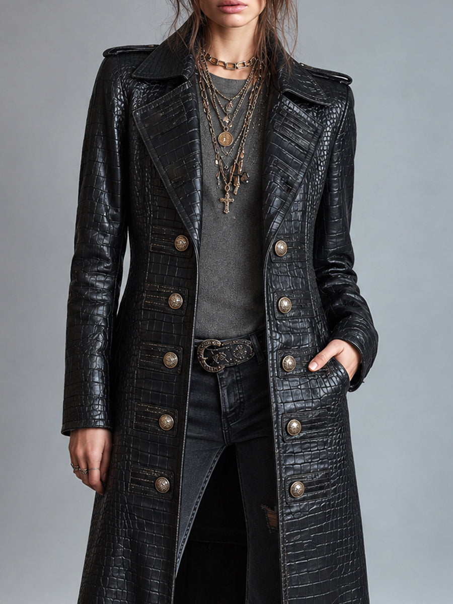 Women's Croc-Embossed Longline Black Coat - Black