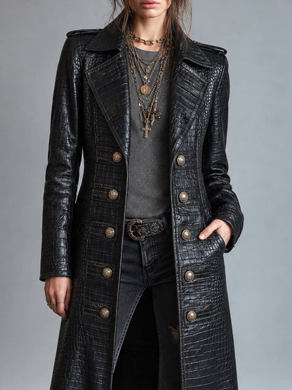 Women's Croc-Embossed Longline Black Coat - Black