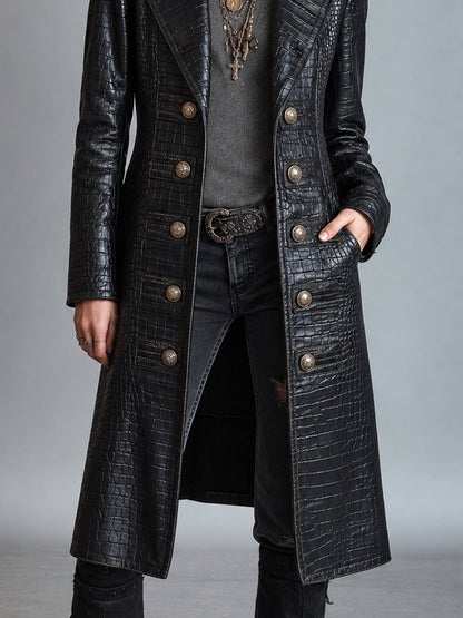 Women's Croc-Embossed Longline Black Coat - Black