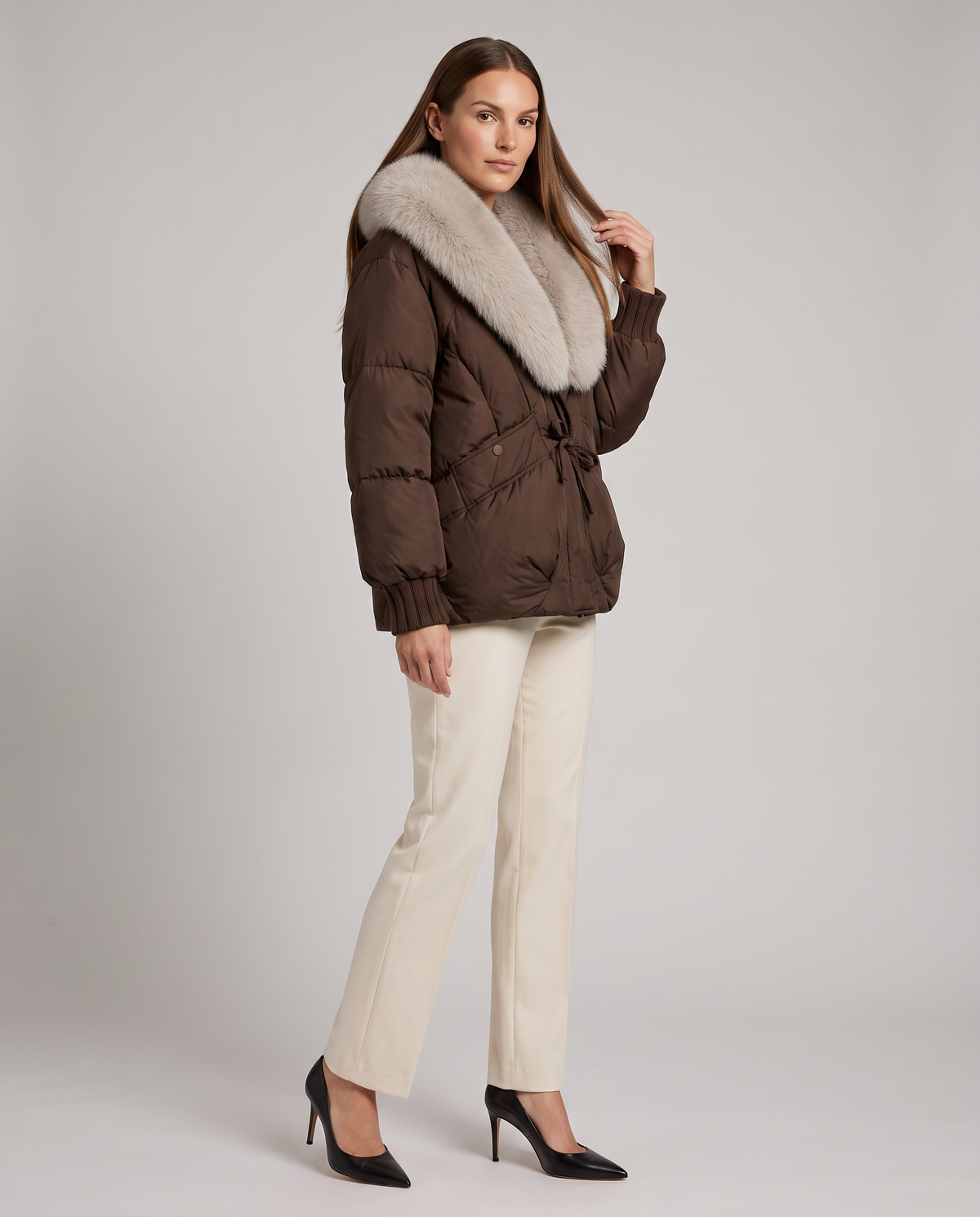 Women's Cropped Faux Fur Collar Puffer Jacket - Brown