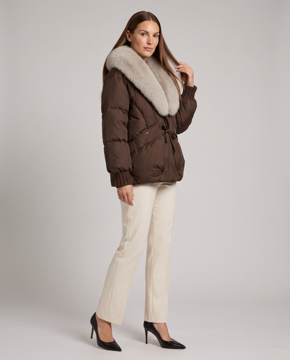 Women's Cropped Faux Fur Collar Puffer Jacket - Brown