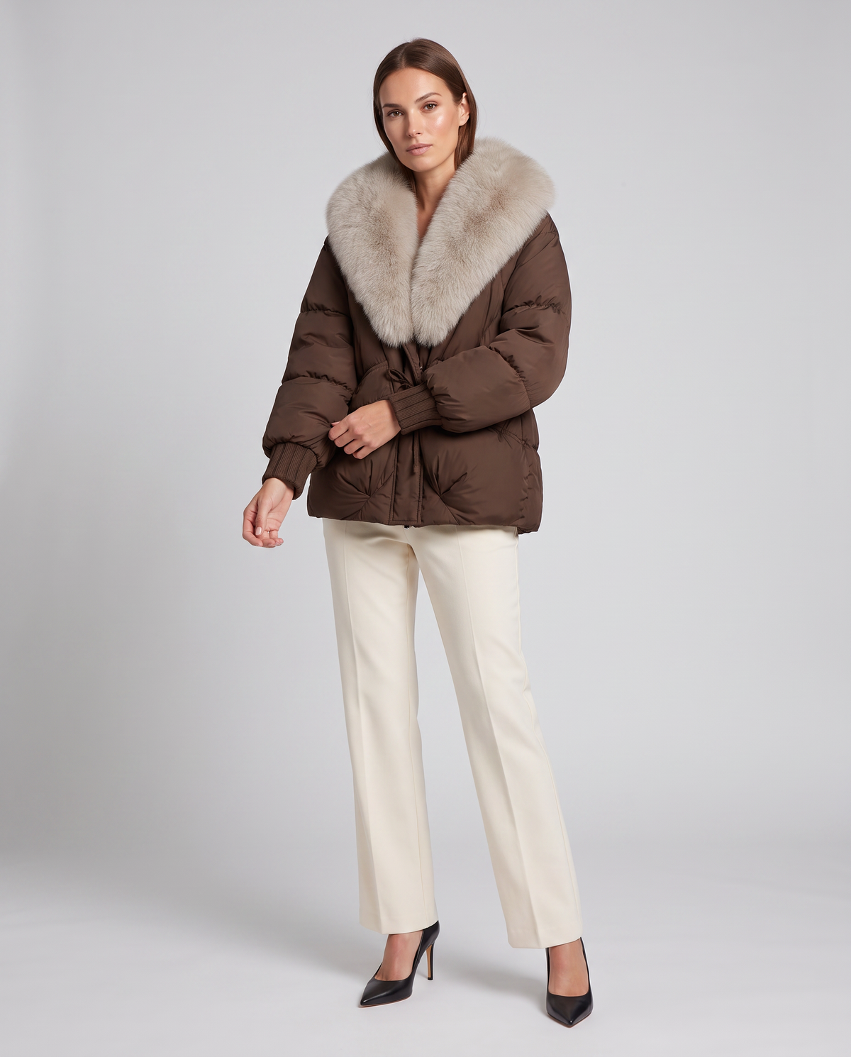 Women's Cropped Faux Fur Collar Puffer Jacket - Brown