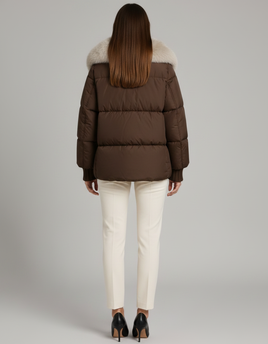 Women's Cropped Faux Fur Collar Puffer Jacket - Brown