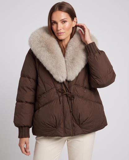 Women's Cropped Faux Fur Collar Puffer Jacket - Brown