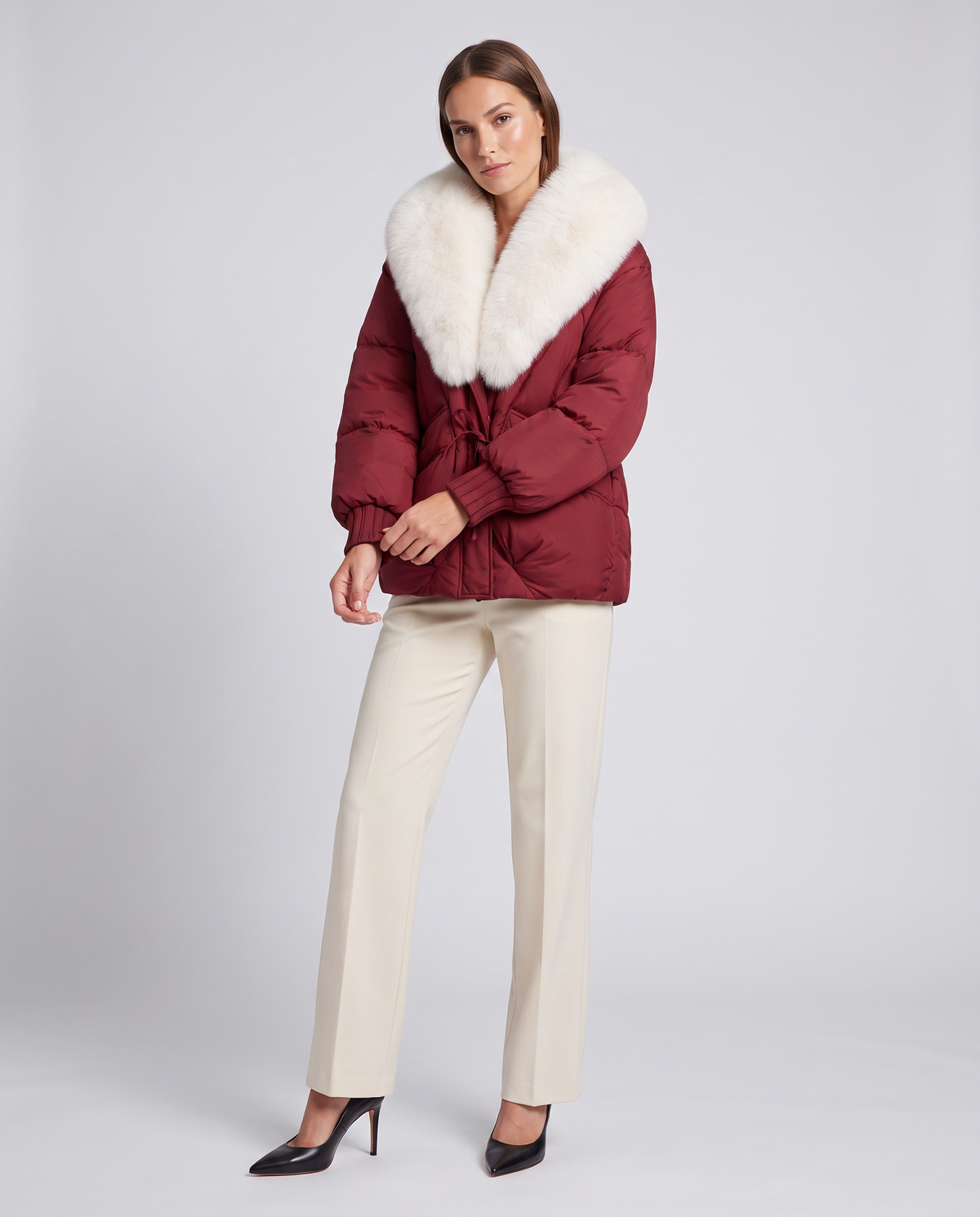 Women's Cropped Faux Fur Collar Puffer Jacket - Burgundy