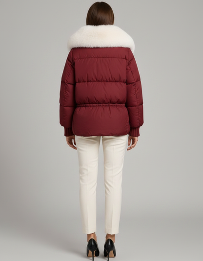 Women's Cropped Faux Fur Collar Puffer Jacket - Burgundy