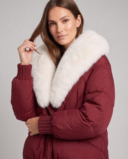 Women's Cropped Faux Fur Collar Puffer Jacket - Burgundy