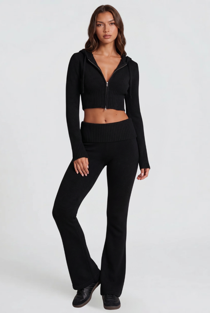 Women's Cropped Hoodie Flare Pants Set - Black