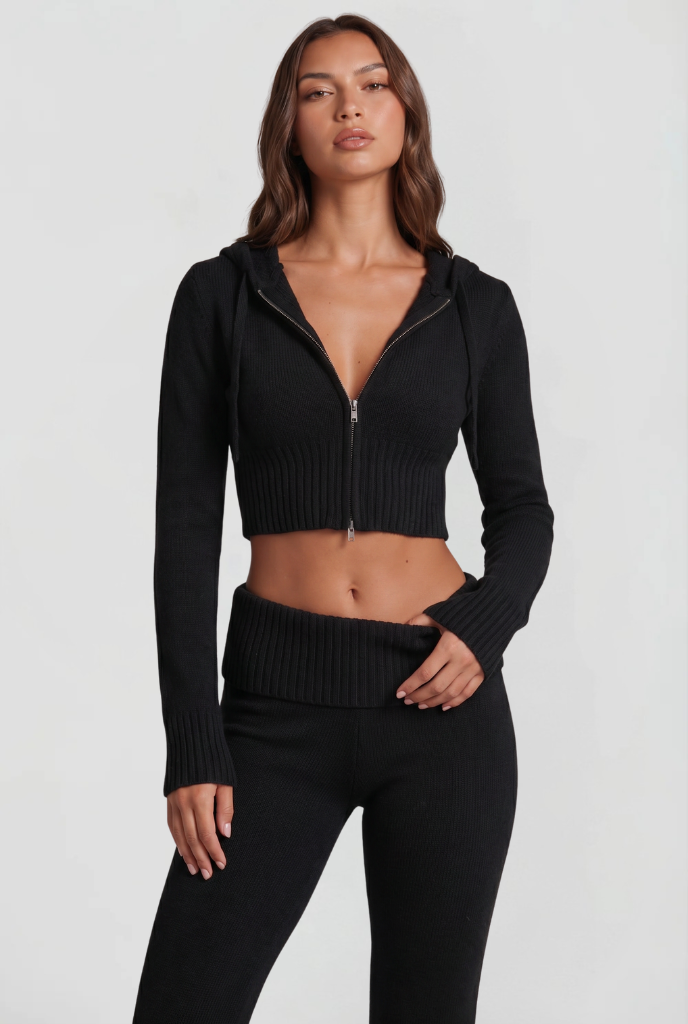 Women's Cropped Hoodie Flare Pants Set - Black