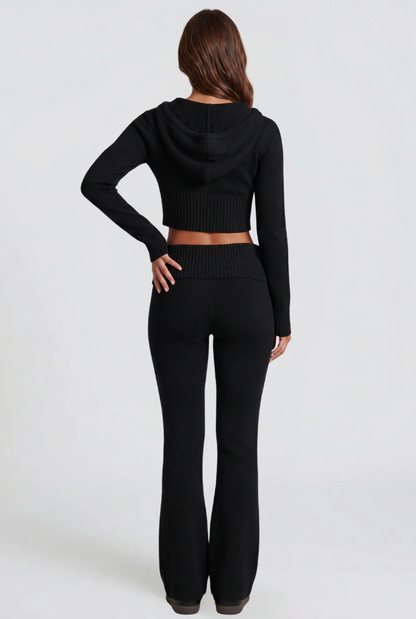 Women's Cropped Hoodie Flare Pants Set - Black