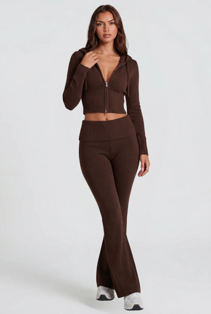 Women's Cropped Hoodie Flare Pants Set - Brown