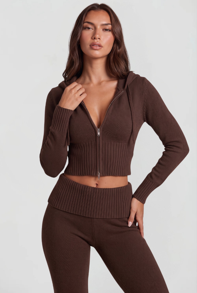 Women's Cropped Hoodie Flare Pants Set - Brown