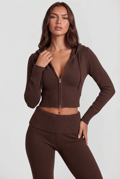 Women's Cropped Hoodie Flare Pants Set - Brown