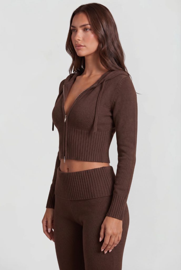 Women's Cropped Hoodie Flare Pants Set - Brown