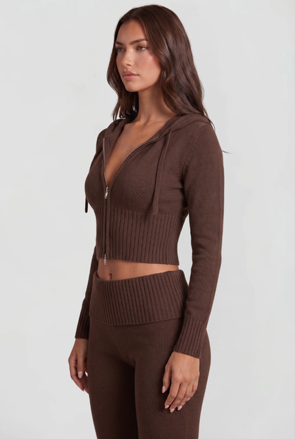 Women's Cropped Hoodie Flare Pants Set - Brown