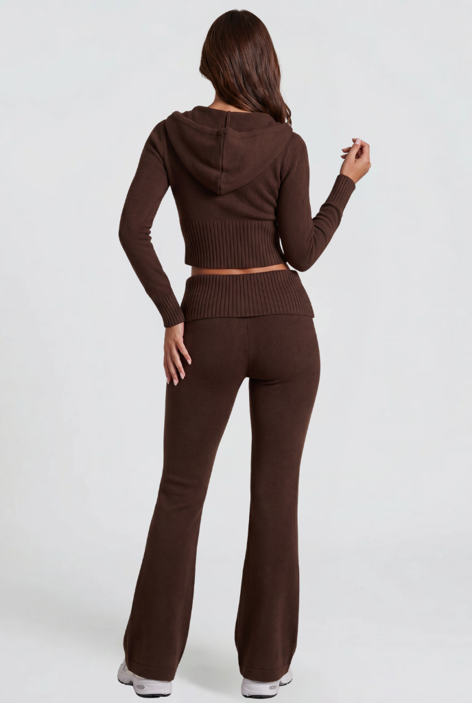 Women's Cropped Hoodie Flare Pants Set - Brown