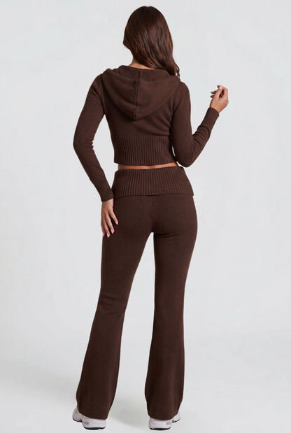 Women's Cropped Hoodie Flare Pants Set - Brown