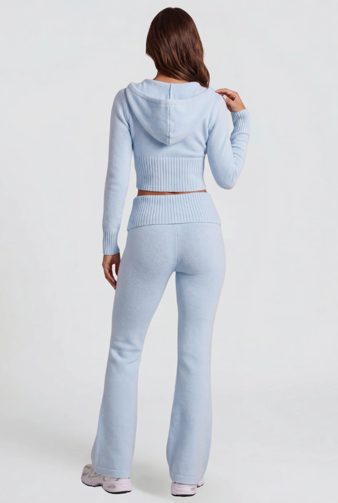 Women's Cropped Hoodie Flare Pants Set - Light Blue
