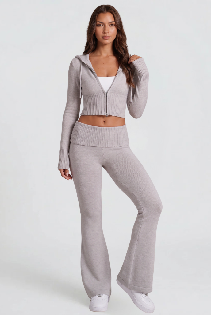 Women's Cropped Hoodie Flare Pants Set - Light Gray
