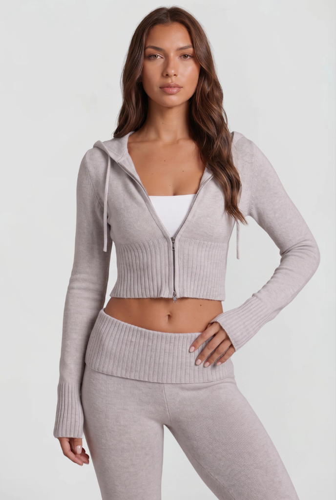 Women's Cropped Hoodie Flare Pants Set - Light Gray