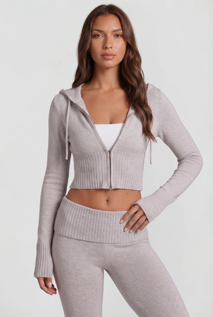 Women's Cropped Hoodie Flare Pants Set - Light Gray