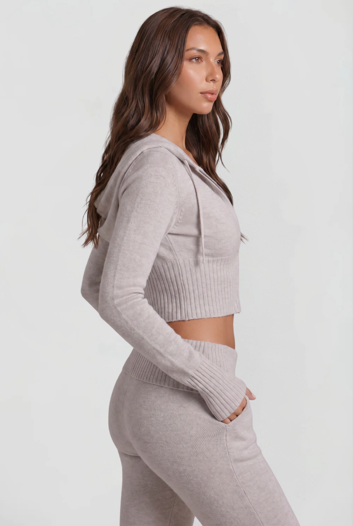 Women's Cropped Hoodie Flare Pants Set - Light Gray