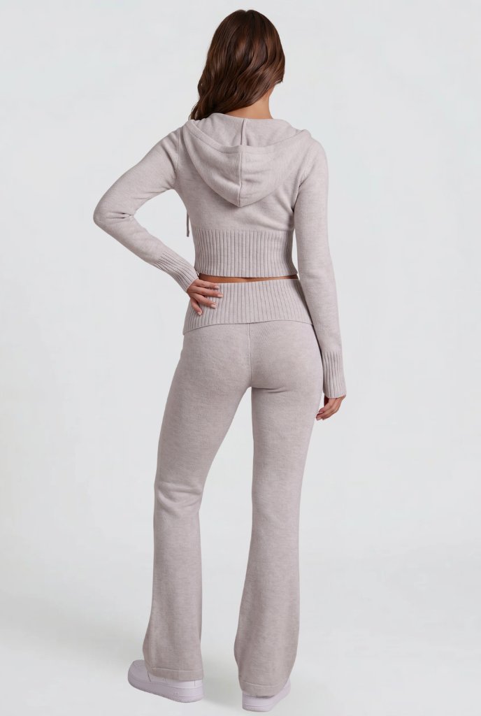 Women's Cropped Hoodie Flare Pants Set - Light Gray