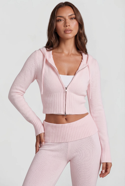 Women's Cropped Hoodie Flare Pants Set - Pink