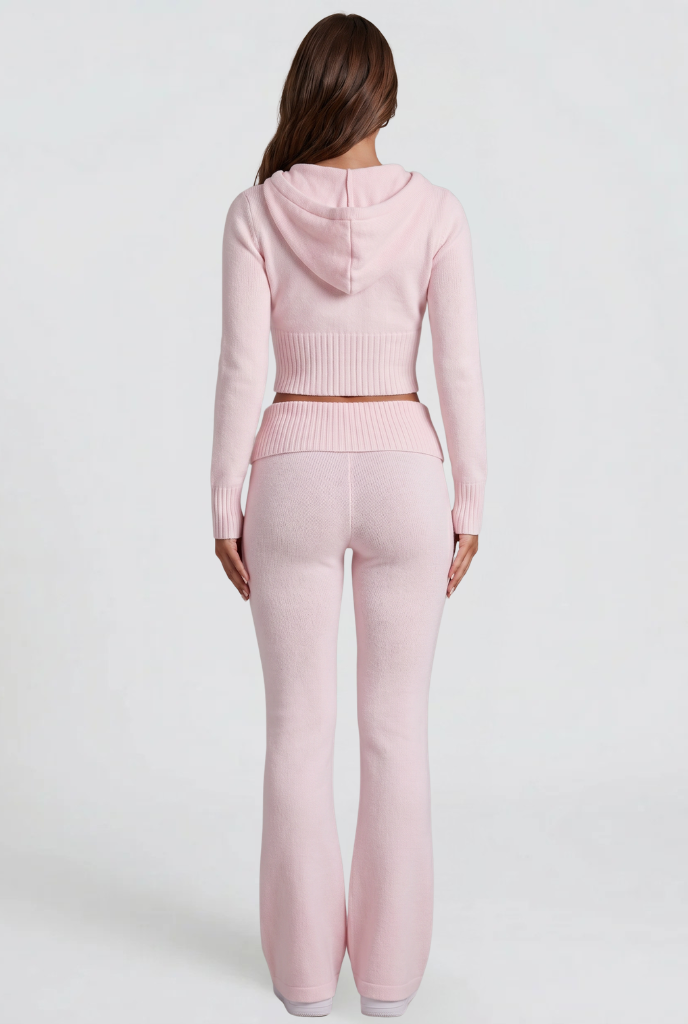 Women's Cropped Hoodie Flare Pants Set - Pink