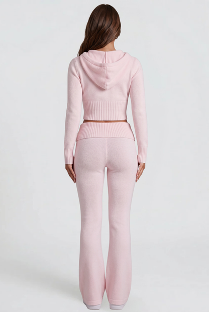 Women's Cropped Hoodie Flare Pants Set - Pink
