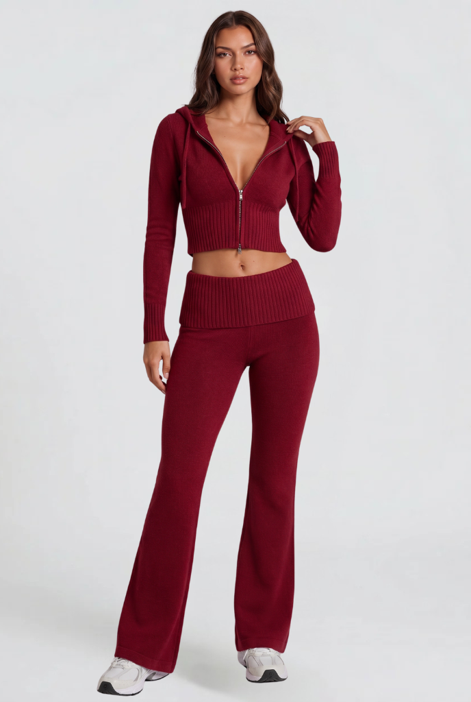 Women's Cropped Hoodie Flare Pants Set - Red