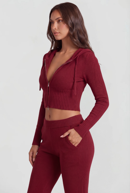 Women's Cropped Hoodie Flare Pants Set - Red