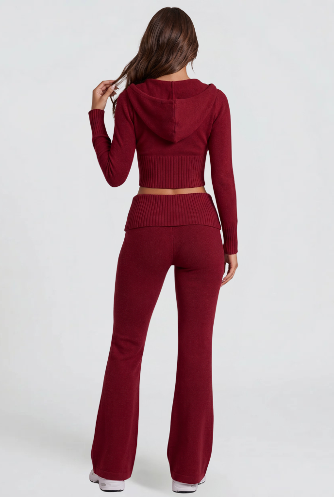 Women's Cropped Hoodie Flare Pants Set - Red