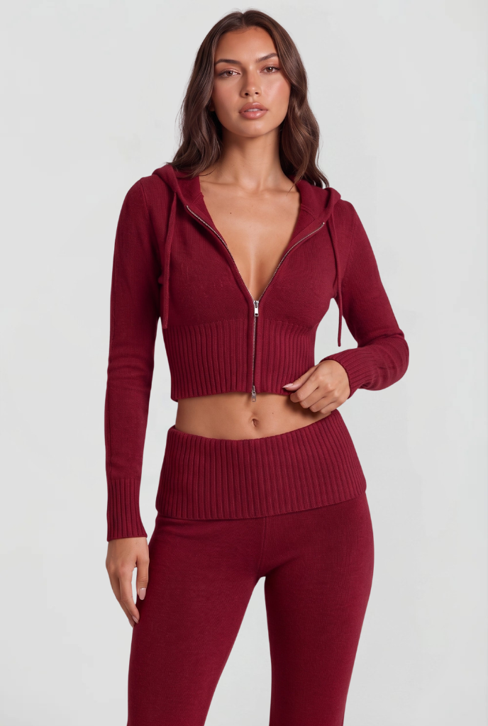 Women's Cropped Hoodie Flare Pants Set - Red