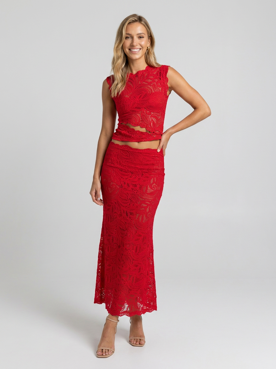 Women's Cutout Lace Top and Maxi Skirt Set - Red